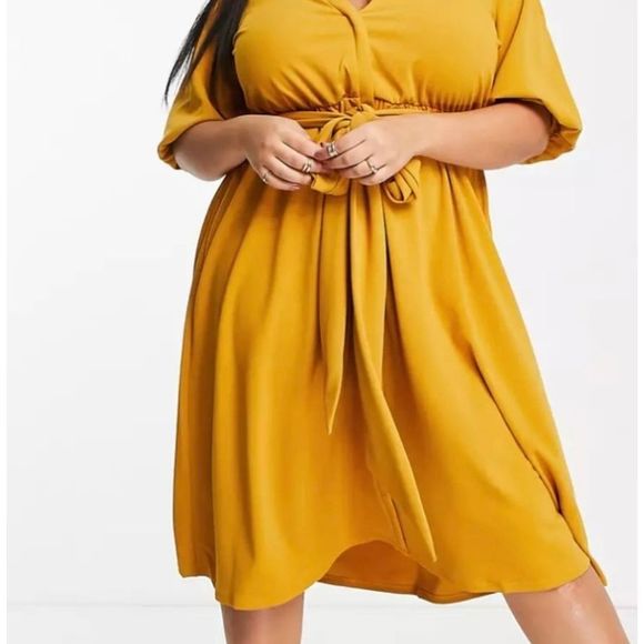 ASOS Curve Mustard Yellow Tie Waist Dress With Ballon Cropped Sleeves - Picture 2 of 8